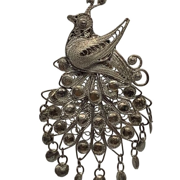 Vintage Peacock Design Filigree Clip On Earrings Elegant Silver Statement Jewelr - Picture 2 of 3